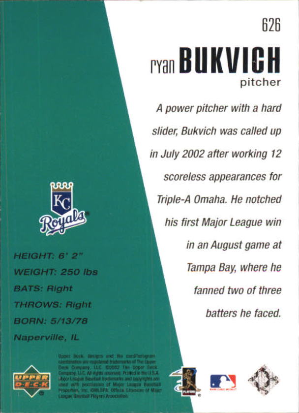 2002 Upper Deck Diamond Connection #626 Ryan Bukvich DC RC back image