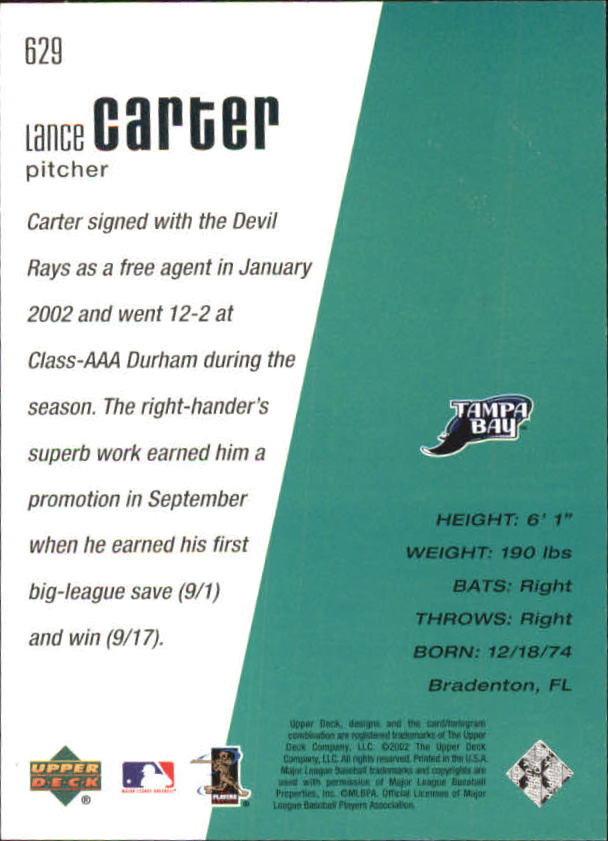 2002 Upper Deck Diamond Connection #629 Lance Carter DC RC back image