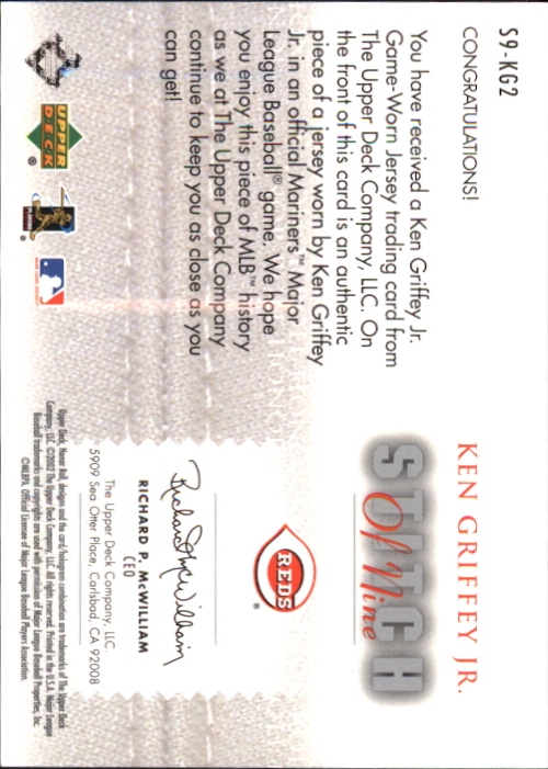 2002 Upper Deck Honor Roll Stitch of Nine Game Jersey #S9KG2 Ken Griffey Jr. Red back image