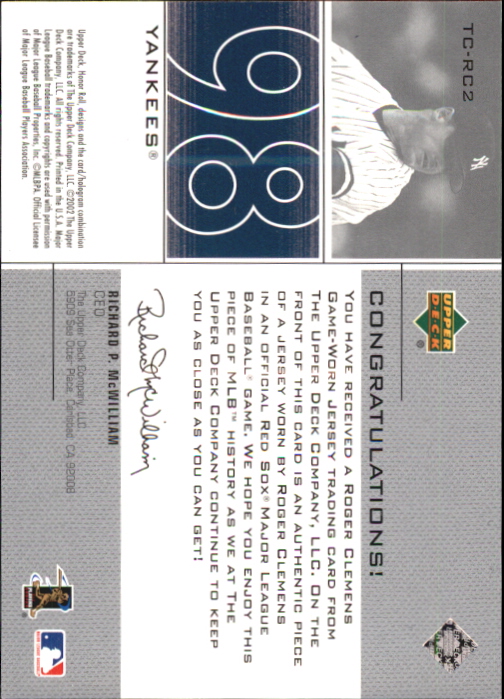 2002 Upper Deck Honor Roll Time Capsule Game Jersey #TCRC2 Roger Clemens 98 back image