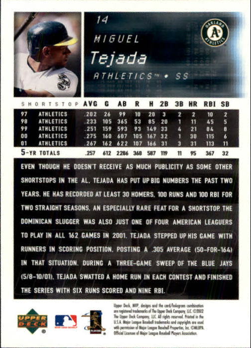 2002 Upper Deck MVP #14 Miguel Tejada back image