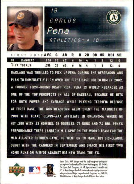 2002 Upper Deck MVP #19 Carlos Pena back image