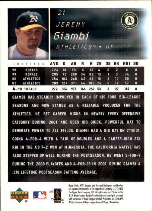 2002 Upper Deck MVP #21 Jeremy Giambi back image