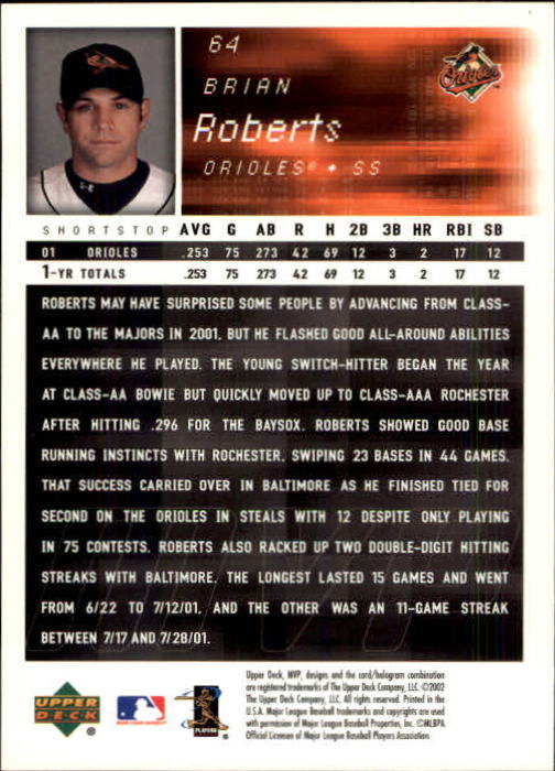 2002 Upper Deck MVP #64 Brian Roberts back image