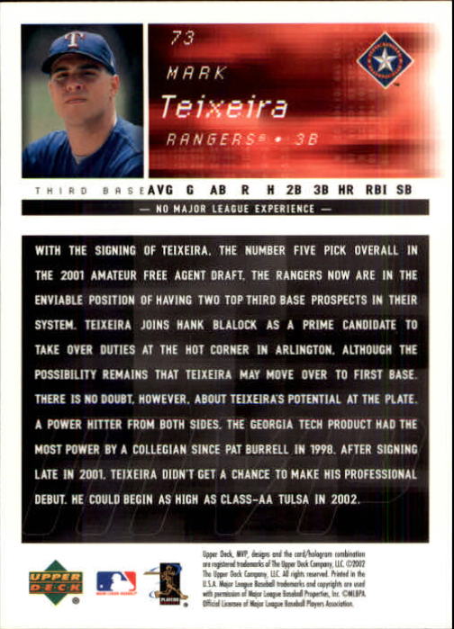 2002 Upper Deck MVP #73 Mark Teixeira back image