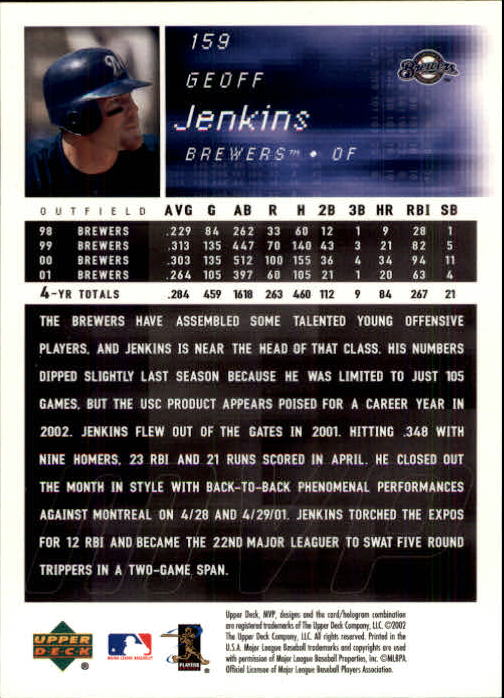 2002 Upper Deck MVP #159 Geoff Jenkins back image