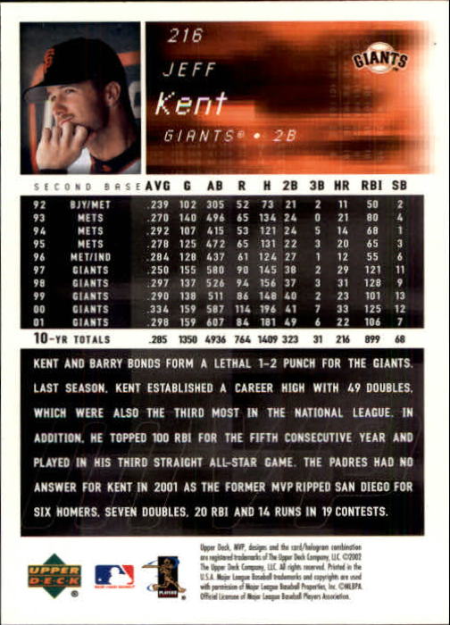 2002 Upper Deck MVP #216 Jeff Kent back image