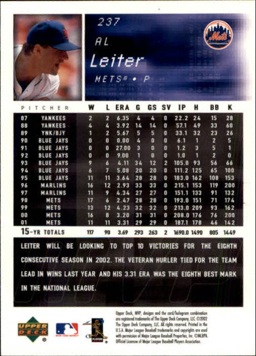 2002 Upper Deck MVP #237 Al Leiter back image