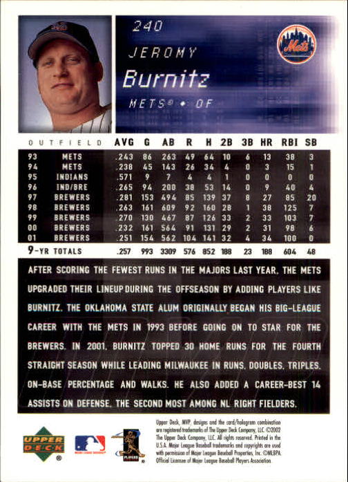 2002 Upper Deck MVP #240 Jeromy Burnitz back image