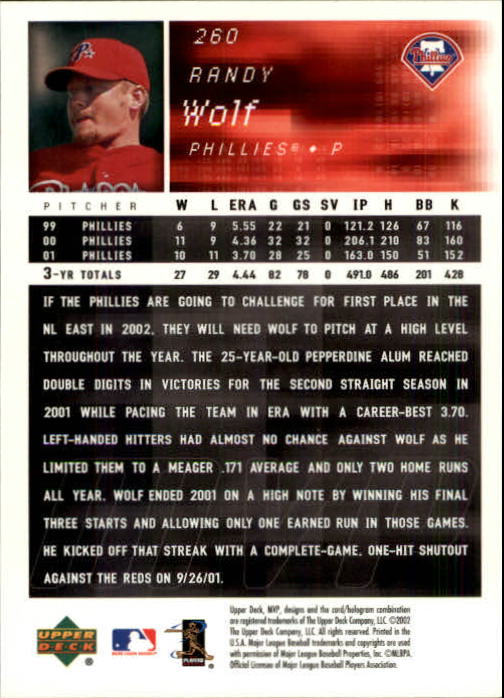 2002 Upper Deck MVP #260 Randy Wolf back image