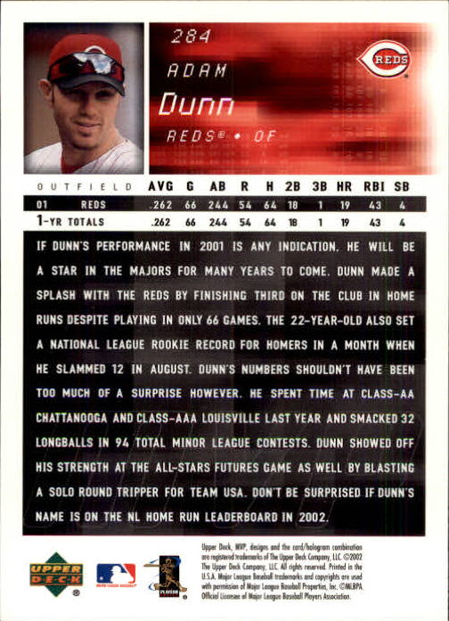 2002 Upper Deck MVP #284 Adam Dunn back image