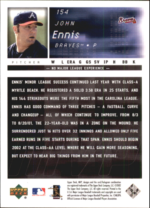 2002 Upper Deck MVP Silver #154 John Ennis back image