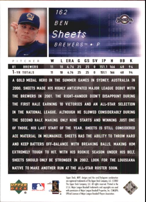 2002 Upper Deck MVP Silver #162 Ben Sheets back image