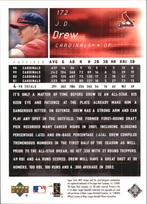 2002 Upper Deck MVP Silver #172 J.D. Drew back image