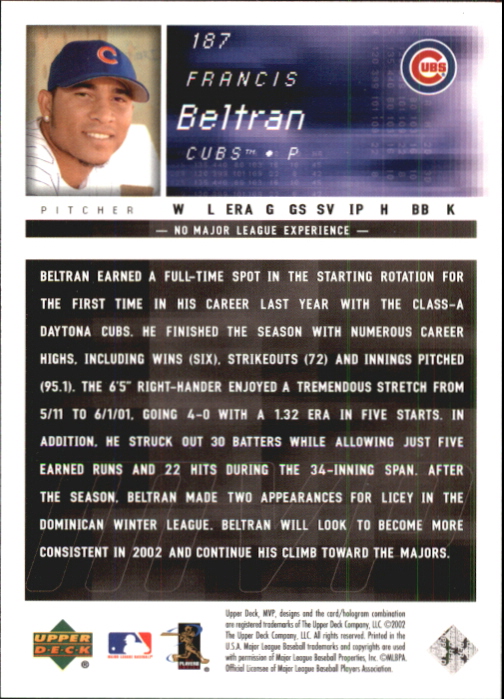 2002 Upper Deck MVP Silver #187 Francis Beltran back image