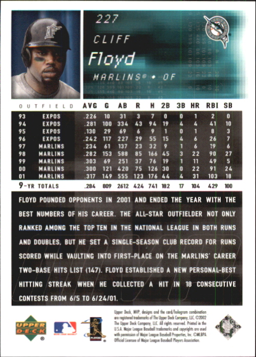 2002 Upper Deck MVP Silver #227 Cliff Floyd back image