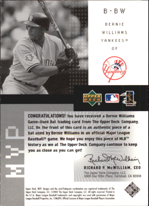 2002 Upper Deck MVP Game Souvenirs Bat #BBW Bernie Williams back image