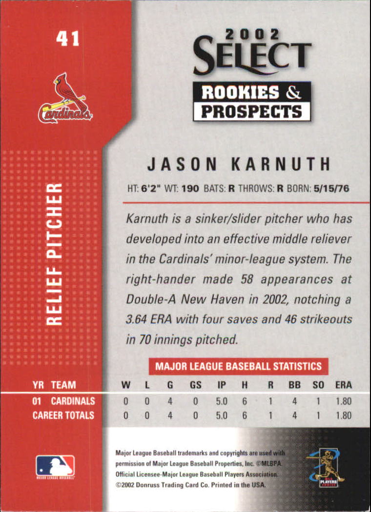 2002 Select Rookies and Prospects #41 Jason Karnuth back image