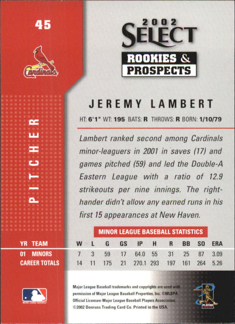 2002 Select Rookies and Prospects #45 Jeremy Lambert back image