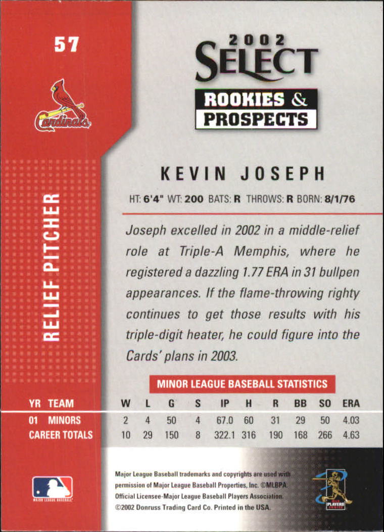 2002 Select Rookies and Prospects #57 Kevin Joseph back image