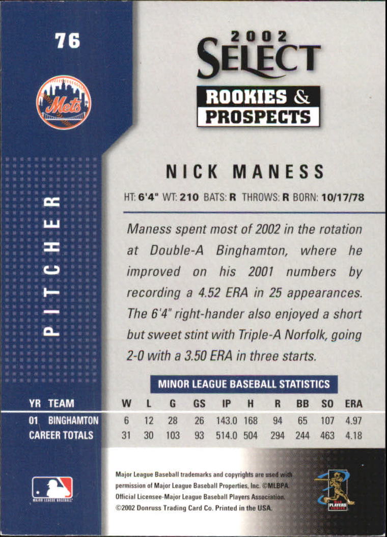 2002 Select Rookies and Prospects #76 Nick Maness back image