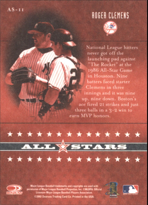 2002 Donruss Originals All-Stars #11 Roger Clemens back image