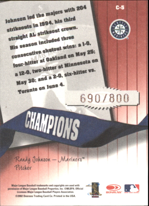 2002 Donruss Originals Champions #5 Randy Johnson back image