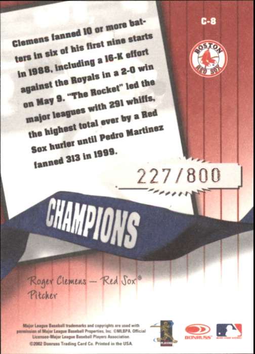 2002 Donruss Originals Champions #8 Roger Clemens back image
