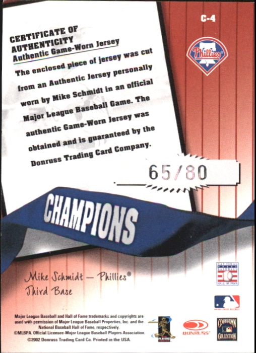 2002 Donruss Originals Champions Materials #4 Mike Schmidt/80 back image