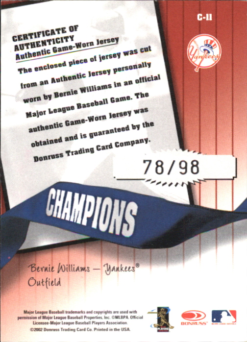 2002 Donruss Originals Champions Materials #11 Bernie Williams/98 back image