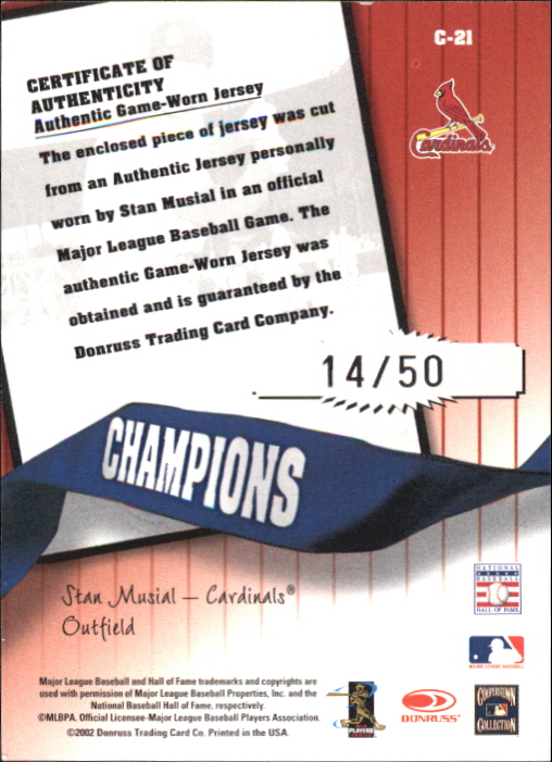 2002 Donruss Originals Champions Materials #21 Stan Musial/50 back image