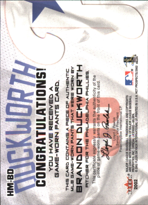 2002 Hot Prospects MLB Hot Materials #BD Brandon Duckworth Pants back image