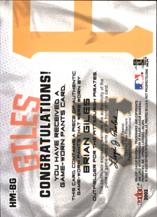 2002 Hot Prospects MLB Hot Materials #BG Brian Giles Pants back image