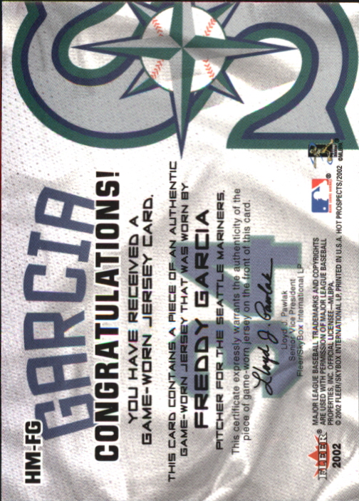 2002 Hot Prospects MLB Hot Materials #FG Freddy Garcia Jsy back image