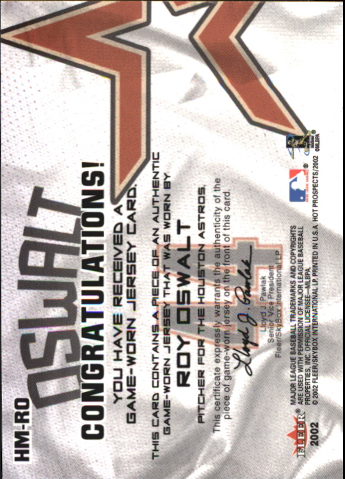 2002 Hot Prospects MLB Hot Materials #RO Roy Oswalt Jsy back image