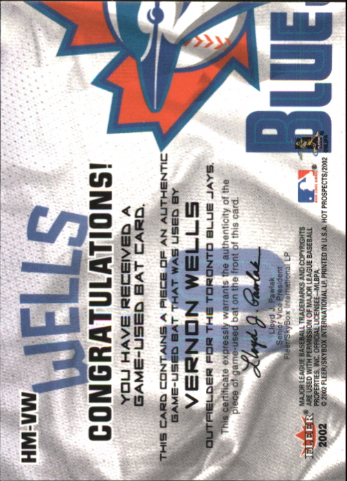 2002 Hot Prospects MLB Hot Materials #VW Vernon Wells Bat back image