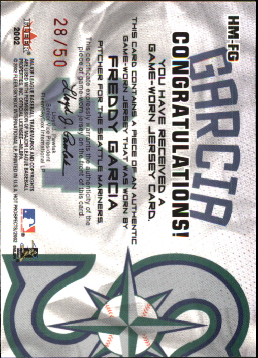 2002 Hot Prospects MLB Red Hot Materials #FG Freddy Garcia Jsy back image