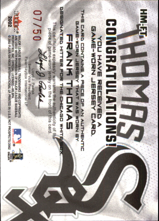 2002 Hot Prospects MLB Red Hot Materials #FT Frank Thomas Jsy back image