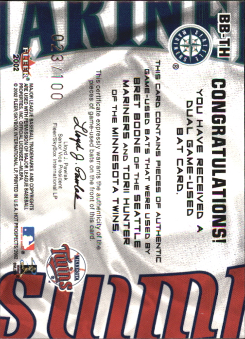 2002 Hot Prospects MLB Hot Tandems #BBTH Bret Boone Bat/Torii Hunter Bat back image