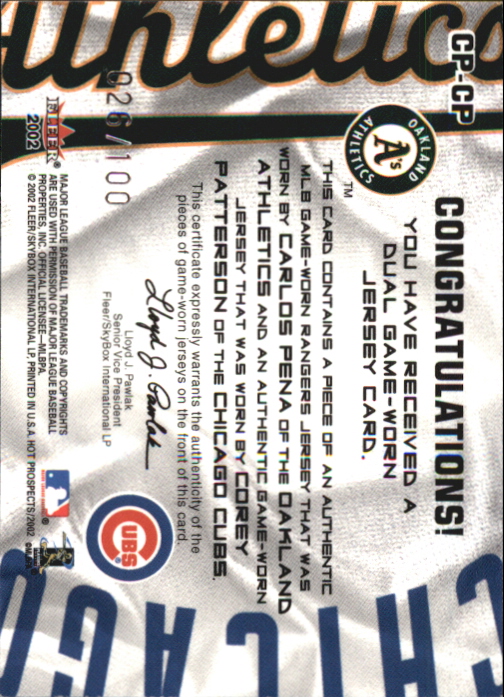 2002 Hot Prospects MLB Hot Tandems #CPCP Carlos Pena Jsy/Corey Patterson Jsy back image