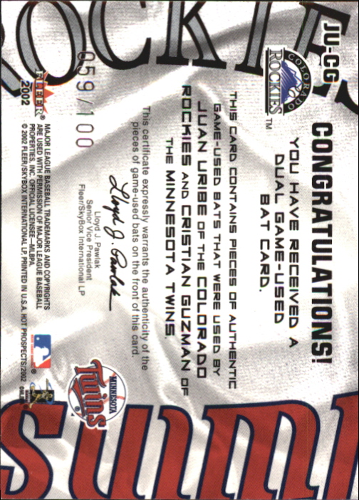2002 Hot Prospects MLB Hot Tandems #JUCG Juan Uribe Bat/Cristian Guzman Bat back image