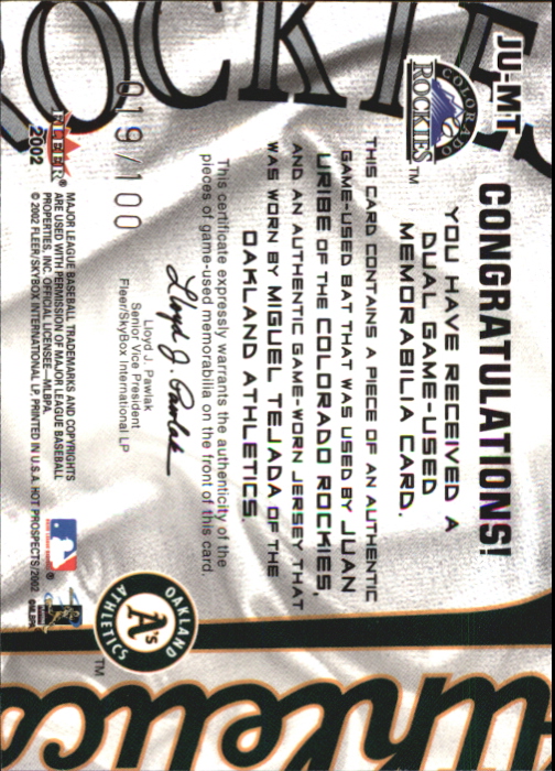 2002 Hot Prospects MLB Hot Tandems #JUMT Juan Uribe Bat/Miguel Tejada Jsy back image