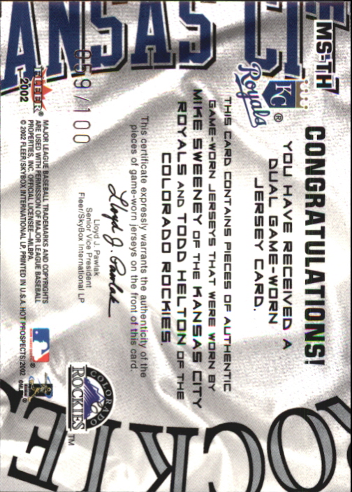 2002 Hot Prospects MLB Hot Tandems #MSTH Mike Sweeney Jsy/Todd Helton Jsy back image