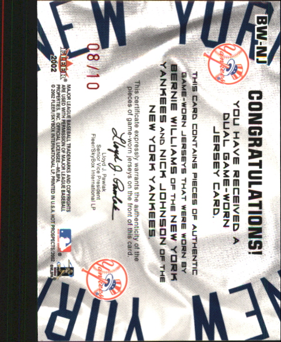 2002 Hot Prospects MLB Red Hot Tandems #BWNJ Bernie Williams Jsy/Nick Johnson Jsy back image