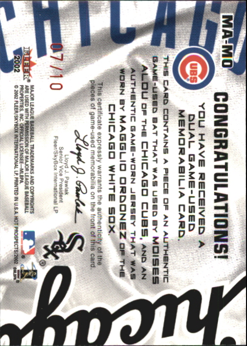 2002 Hot Prospects MLB Red Hot Tandems #MAMO Moises Alou Bat/Magglio Ordonez Jsy back image