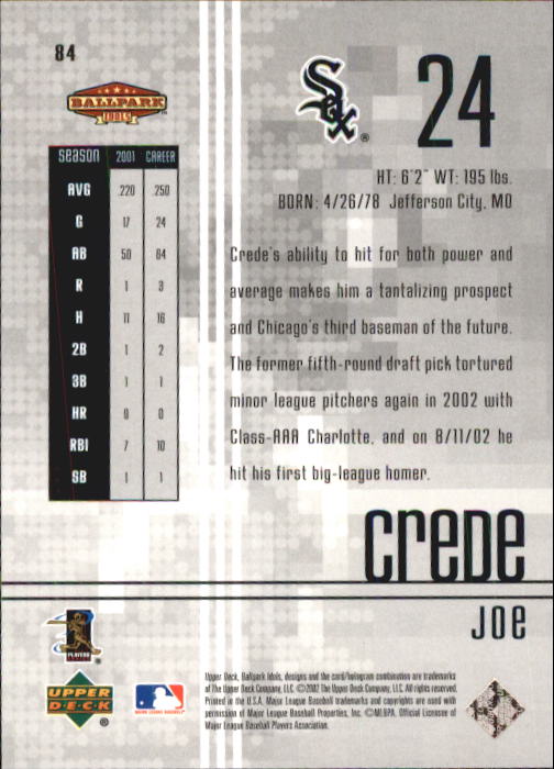 2002 Upper Deck Ballpark Idols #84 Joe Crede back image