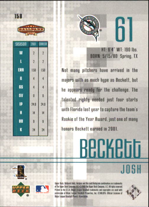 2002 Upper Deck Ballpark Idols #158 Josh Beckett back image