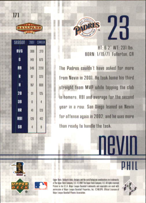 2002 Upper Deck Ballpark Idols #171 Phil Nevin back image
