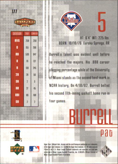 2002 Upper Deck Ballpark Idols #177 Pat Burrell back image