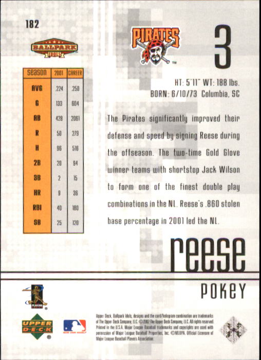 2002 Upper Deck Ballpark Idols #182 Pokey Reese back image